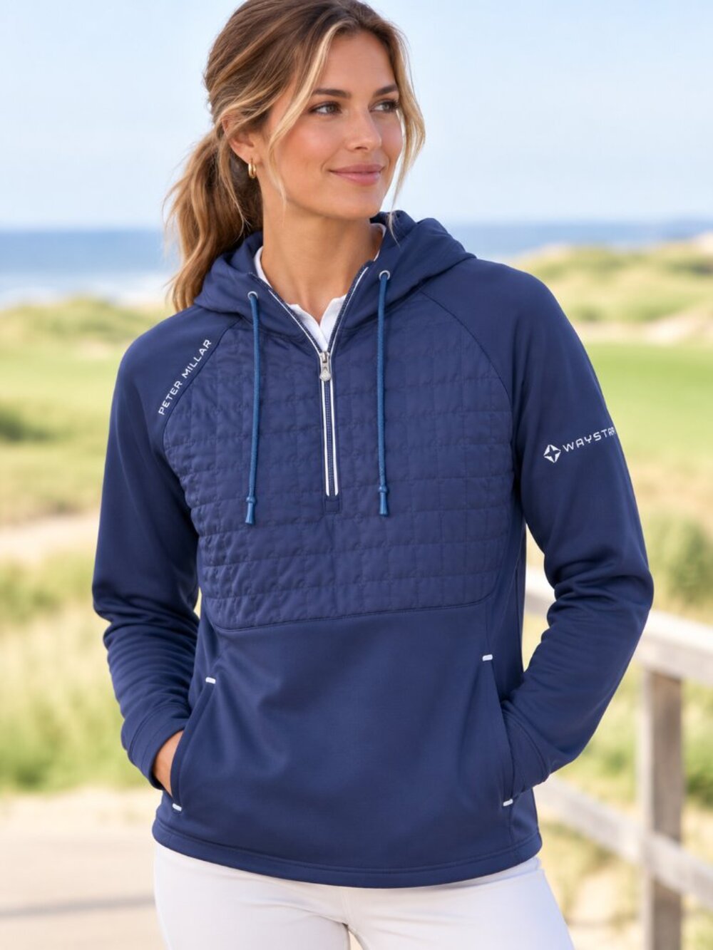 Peter Millar Womens M Quilted 1/4 Zip Golf Performance Hoodie Navy Blue Waystar
